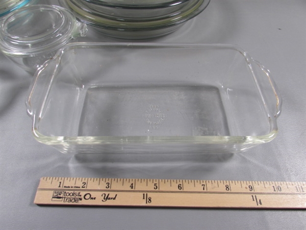 PYREX & OTHER PIE PLATES, LOAF PAN, GLASS ROLLING PIN & MORE