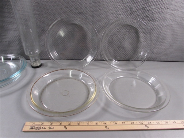 PYREX & OTHER PIE PLATES, LOAF PAN, GLASS ROLLING PIN & MORE
