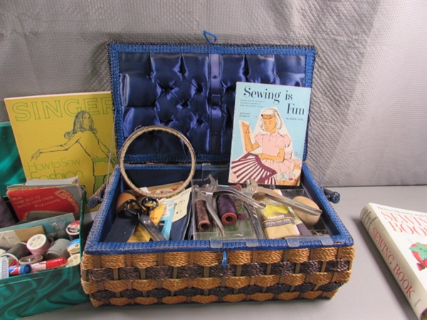 SEWING BASKET & TIN FULL OF THREAD, NOTIONS, ETC.