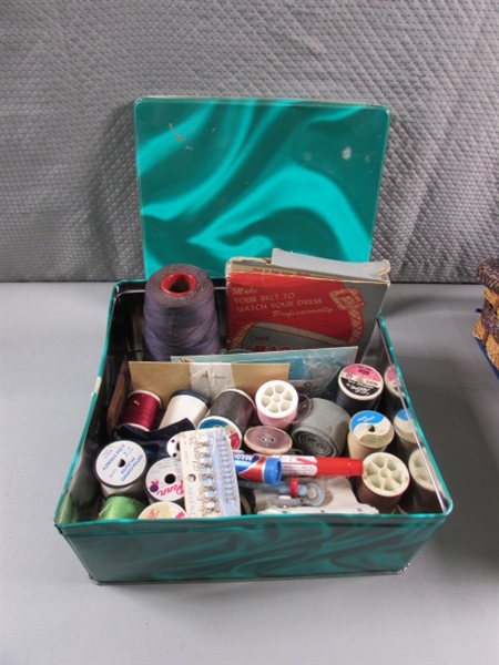SEWING BASKET & TIN FULL OF THREAD, NOTIONS, ETC.