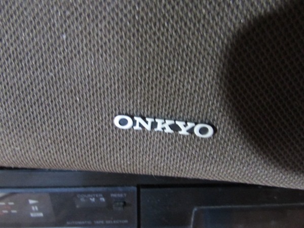 ONKYO SPEAKERS, SONY DUAL CASSETTE DECK, CASSETTES AND STORAGE DRAWERS