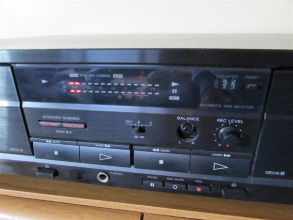 ONKYO SPEAKERS, SONY DUAL CASSETTE DECK, CASSETTES AND STORAGE DRAWERS