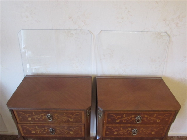 PAIR OF ANTIQUE MARQUETRY INLAY SIDE TABLES - MATCHES TABLE IN LOT #109