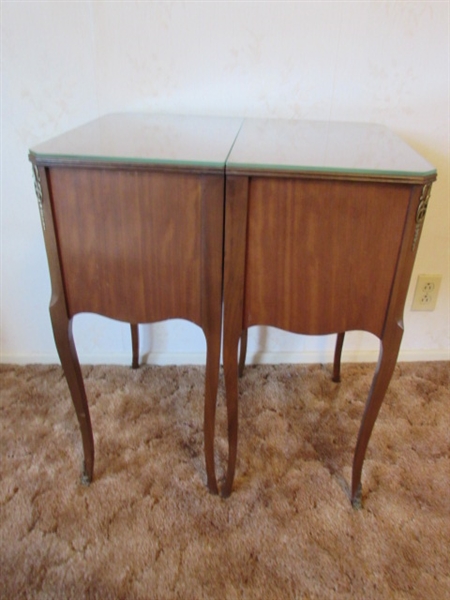 PAIR OF ANTIQUE MARQUETRY INLAY SIDE TABLES - MATCHES TABLE IN LOT #109