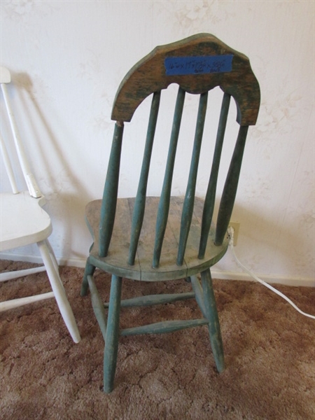 PAIR OF FARMHOUSE WOODEN CHAIRS & MAGAZINE HOLDER