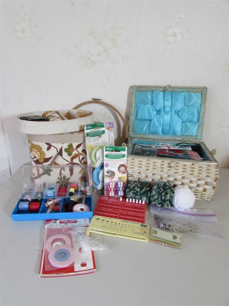 SEWING BASKETS WITH NOTIONS AND KNITTING SUPPLIES