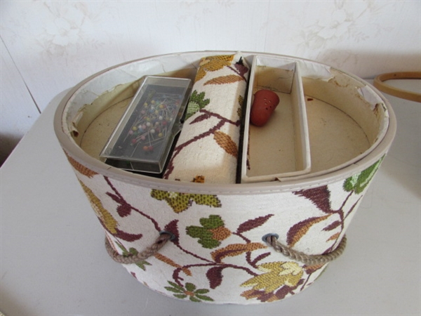 SEWING BASKETS WITH NOTIONS AND KNITTING SUPPLIES