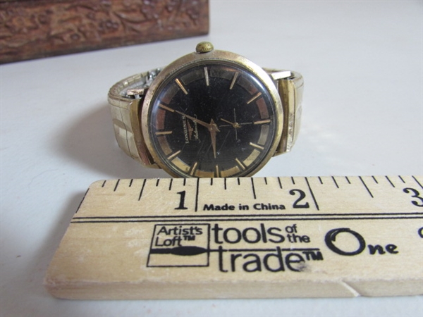 WRIST WATCHES IN CARVED WOODEN BOX