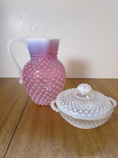 VINTAGE CRANBERRY GLASS PITCHER & MOONSTONE COVERED DISH