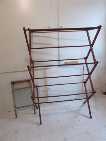 VINTAGE DRYING RACK AND WASHBOARD