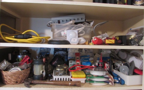 CONTENTS OF 2 SHELVES - HOME NECESSITIES, TOOLS, EXT. CORDS, ETC.