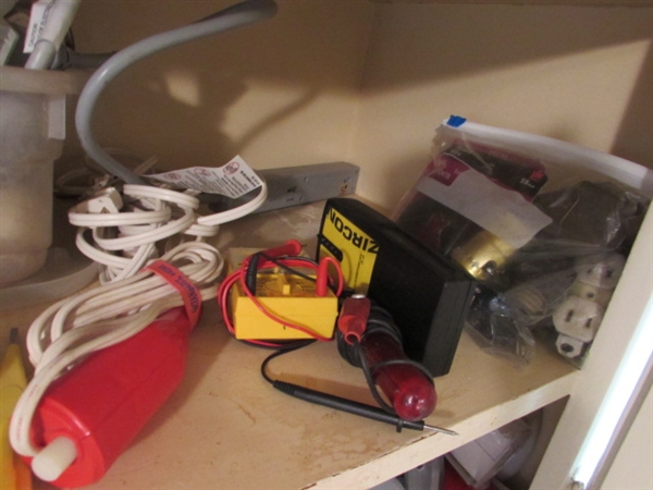 CONTENTS OF 2 SHELVES - HOME NECESSITIES, TOOLS, EXT. CORDS, ETC.