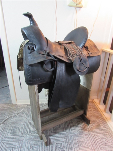 ANTIQUE 'DODSON SADDLERY' SADDLE W/STAND