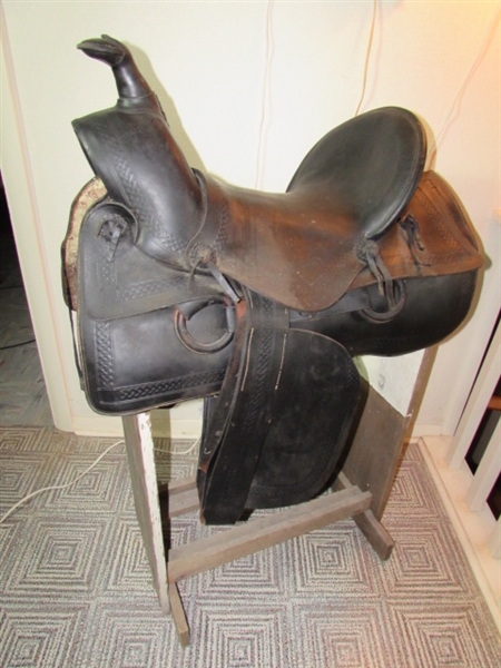 ANTIQUE 'DODSON SADDLERY' SADDLE W/STAND