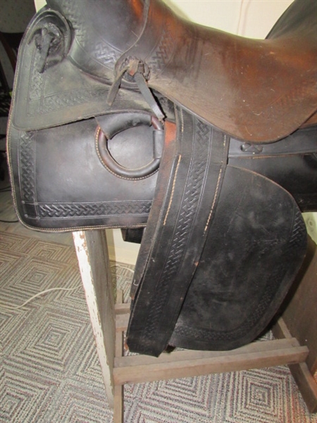 ANTIQUE 'DODSON SADDLERY' SADDLE W/STAND