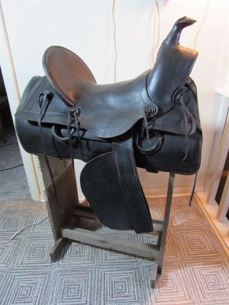 ANTIQUE 'DODSON SADDLERY' SADDLE W/STAND