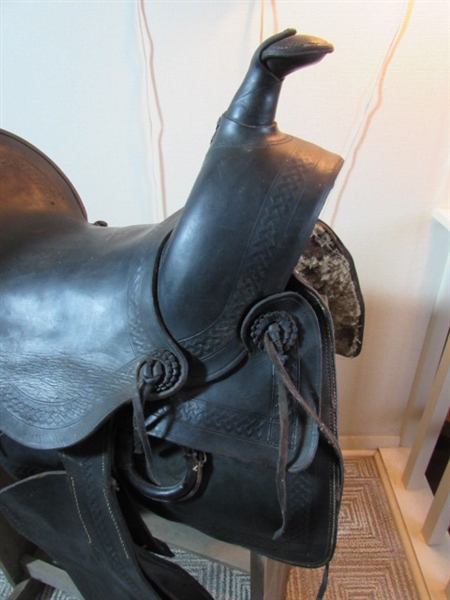 ANTIQUE 'DODSON SADDLERY' SADDLE W/STAND