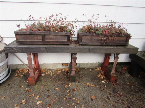 RUSTIC WOOD TABLE W/METAL LEGS/2 WOODEN PLANTERS W/PLANTS