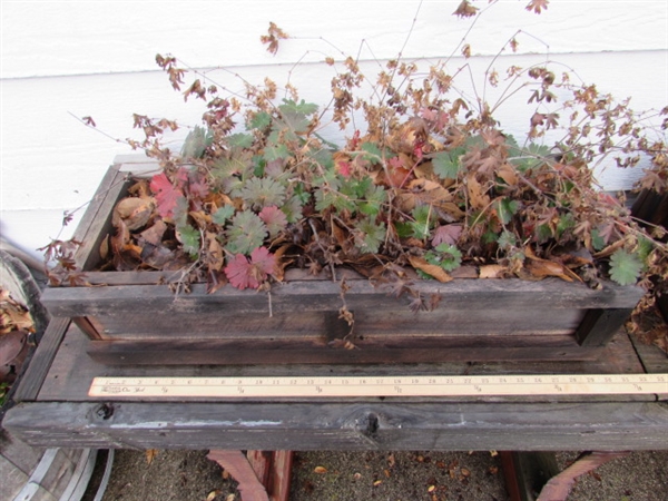 RUSTIC WOOD TABLE W/METAL LEGS/2 WOODEN PLANTERS W/PLANTS