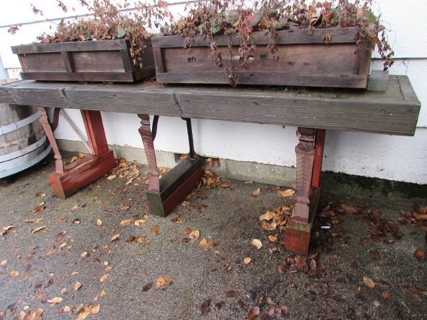 RUSTIC WOOD TABLE W/METAL LEGS/2 WOODEN PLANTERS W/PLANTS