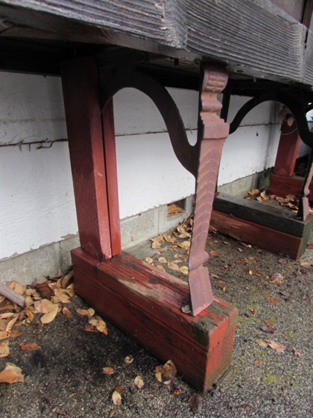 RUSTIC WOOD TABLE W/METAL LEGS/2 WOODEN PLANTERS W/PLANTS