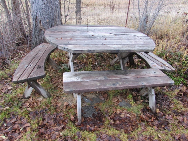 WOODEN PICNIC TABLE & 4 BENCHES