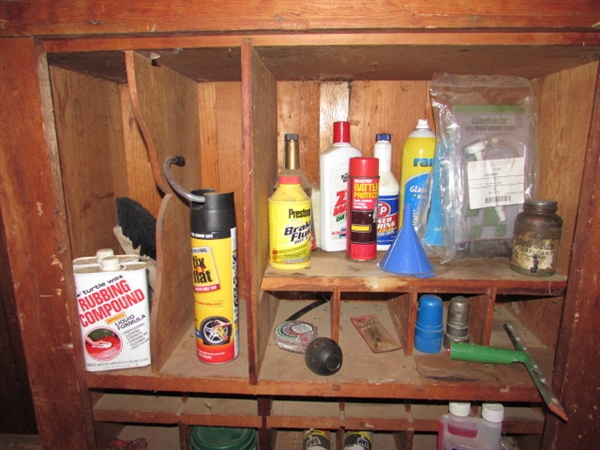 WOOD SHELVES WITH AUTOMOTIVE ITEMS
