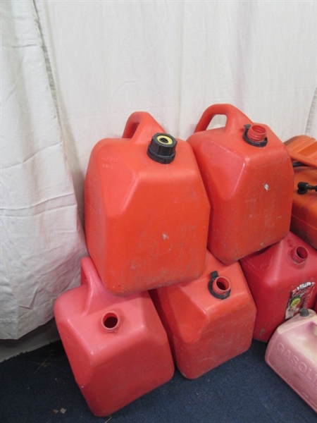 A DOZEN FUEL CANS - SOME NEED CAPS