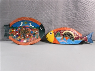 HAND PAINTED MEXICAN CLAY & WOODEN FOLK ART FISH