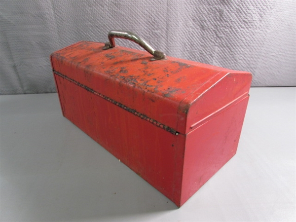 SMALL METAL TOOLBOX W/ASSORTED TOOLS