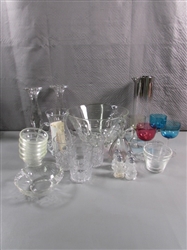 ASSORTED SERVING PIECES, BARWARE & CANDLE STICKS