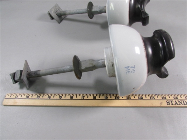 2 WHITE & BROWN CERAMIC INSULATORS