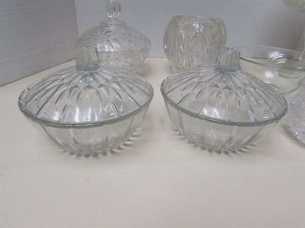 ASSORTED VINTAGE PRESSED GLASS LIDDED CANDY DISHES & CANDLE HOLDERS