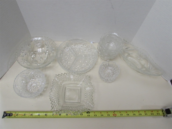 ASSORTED VINTAGE PRESSED GLASS LIDDED CANDY DISHES & CANDLE HOLDERS
