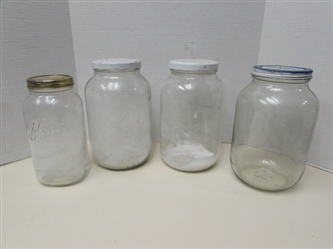 3 1-GALLON GLASS JARS & A 1/2 GALLON "KERR" JAR