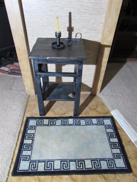 VINTAGE WOOD ACCENT TABLE, CANDLE HOLDER & THROW RUG