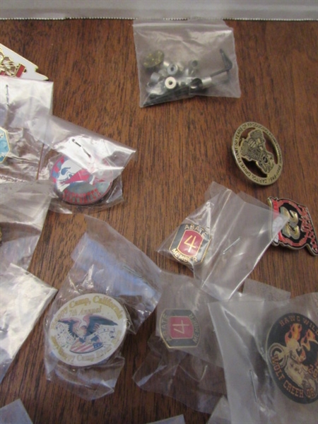 LARGE COLLECTION OF MC/HARLEY-DAVIDSON THEMED PINS-MOST ARE NEW