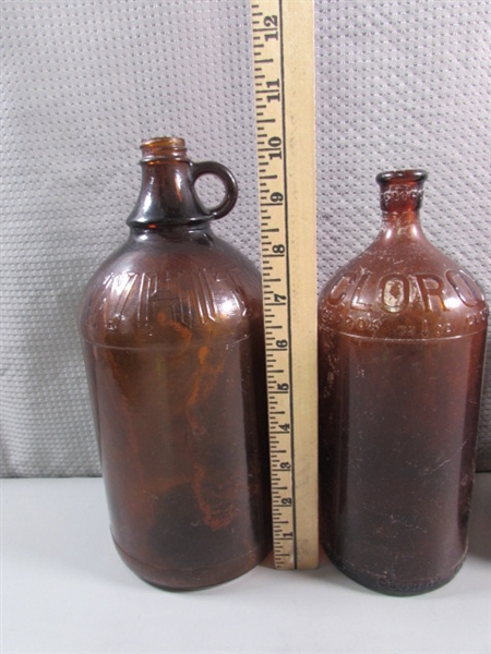 ASSORTED SIZES OF VINTAGE BLEACH/CLOROX BROWN GLASS BOTTLES