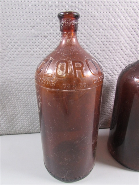ASSORTED SIZES OF VINTAGE BLEACH/CLOROX BROWN GLASS BOTTLES