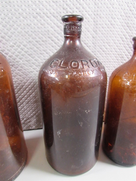 ASSORTED SIZES OF VINTAGE BLEACH/CLOROX BROWN GLASS BOTTLES