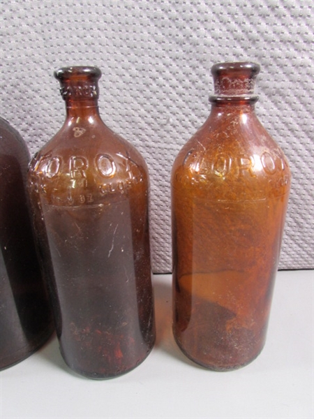 ASSORTED SIZES OF VINTAGE BLEACH/CLOROX BROWN GLASS BOTTLES
