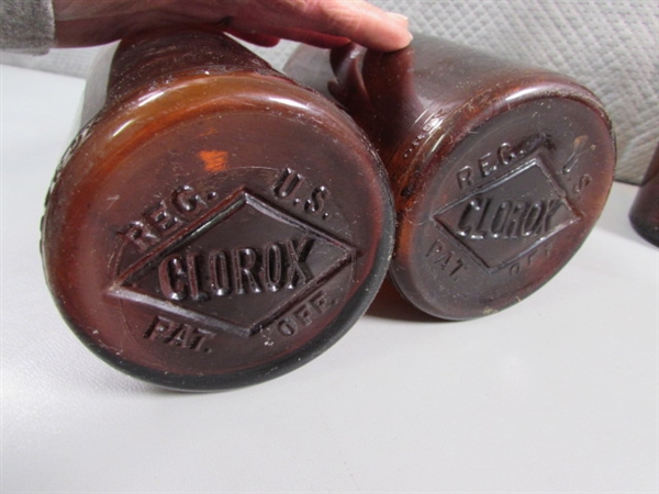 ASSORTED SIZES OF VINTAGE BLEACH/CLOROX BROWN GLASS BOTTLES