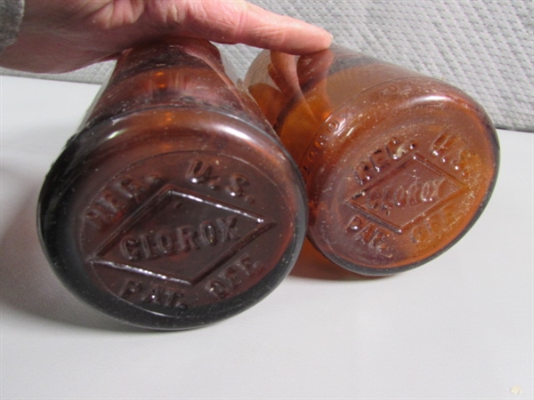 ASSORTED SIZES OF VINTAGE BLEACH/CLOROX BROWN GLASS BOTTLES