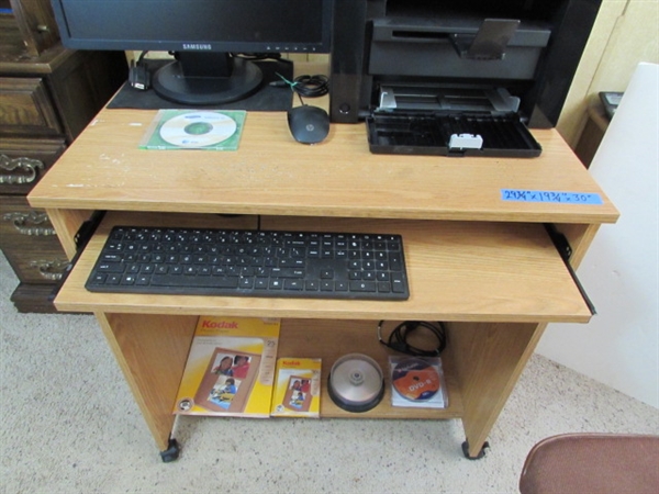 SMALL DESK & CHAIR W/COMPUTER MONITOR, KEYBOARD & MOUSE, PRINTER & MORE