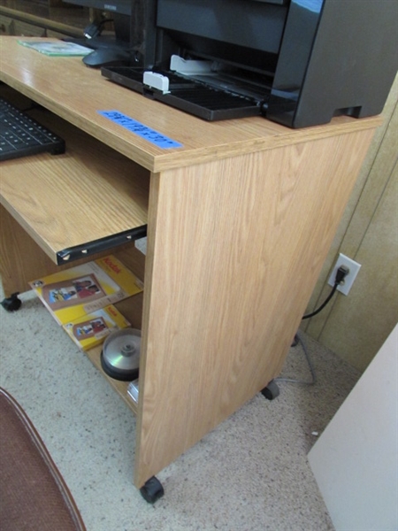 SMALL DESK & CHAIR W/COMPUTER MONITOR, KEYBOARD & MOUSE, PRINTER & MORE