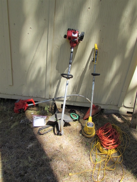 2 GAS POWERED & 1 ELECTRIC STRING TRIMMERS & EXTENSION CORDS