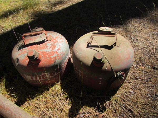PAIR OF VINTAGE GAS CANS, WATERING CAN & BARREL PUMP