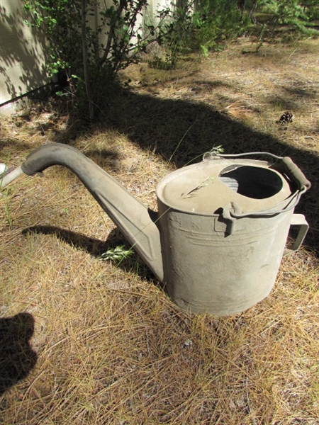PAIR OF VINTAGE GAS CANS, WATERING CAN & BARREL PUMP