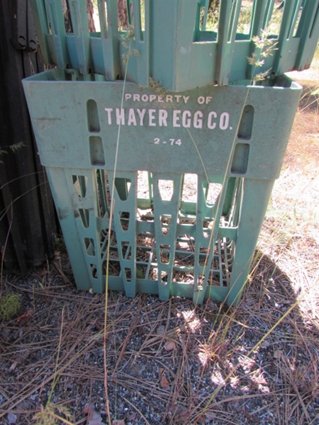 4 PLASTIC SAWHORSES & 2 EGG CRATES