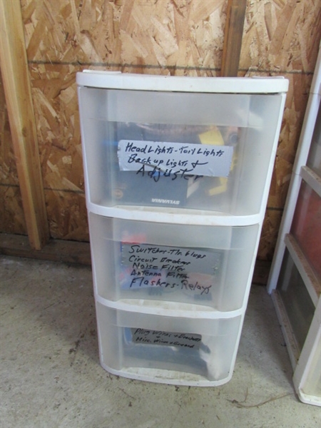 3-DRAWER STORAGE W/CONTENTS - LIGHTS, BULBS, ELECTRICAL, ETC
